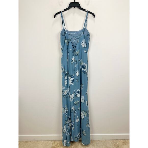 NEW Lulus Feeling Elegant Slate Blue Floral Print Lace Up Slit Maxi Dress Medium - Picture 10 of 12